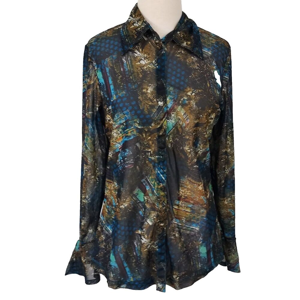 Faded Glory Shirt Top Sheer Mesh Womens Plus 16W Stretch Snap Front Bell Sleeve